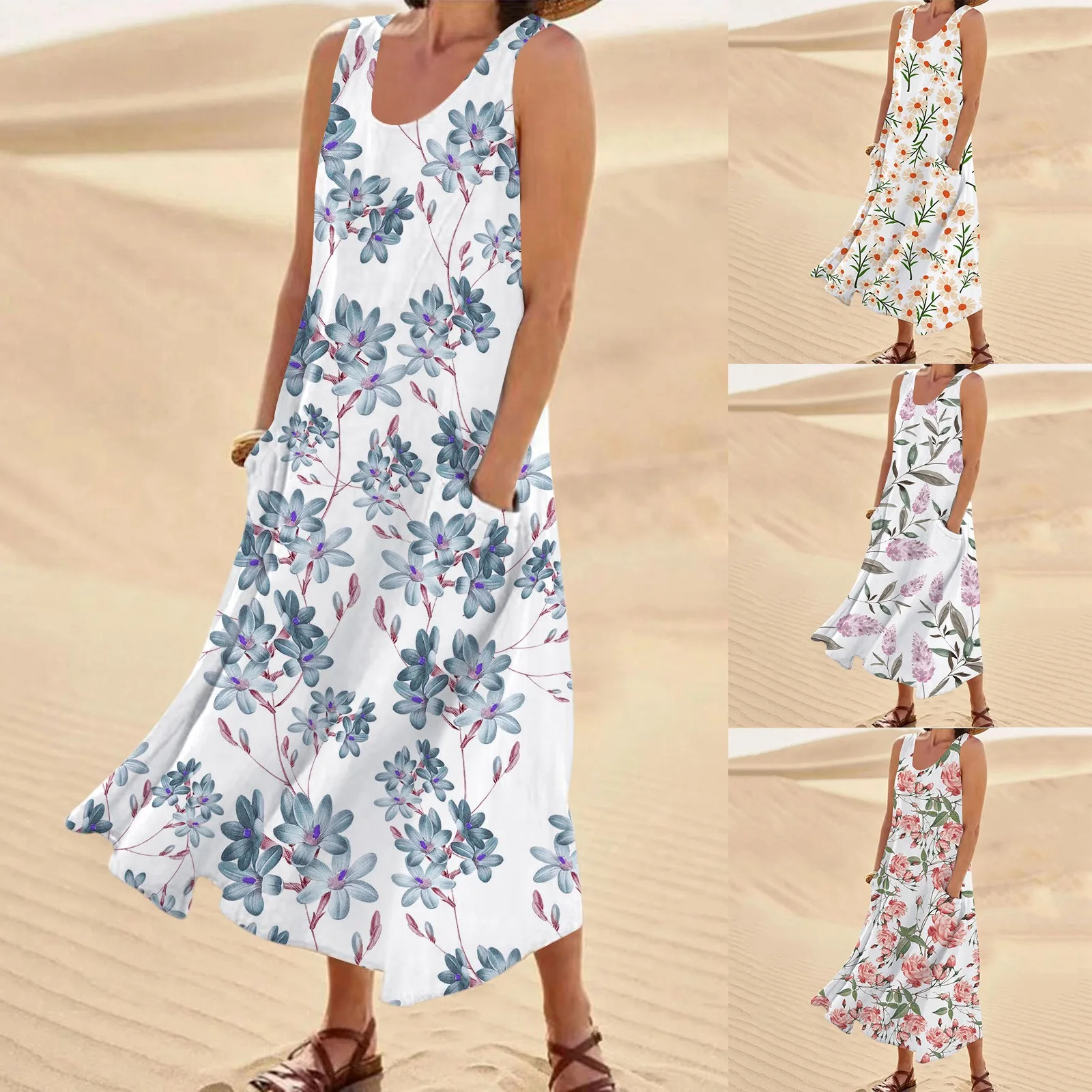 Платье-майка женское длинное с цветочным принтом круглым вырезом и карманами