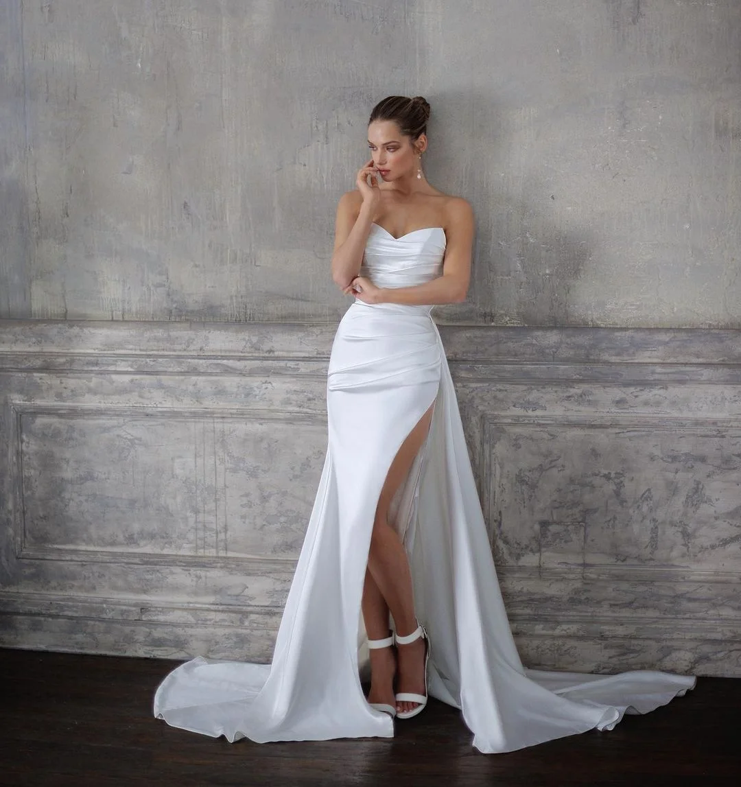 

Elegant Mermaid Wedding Dresses for Women Sweetheart Satin Bridal Gowns Side Slit vestidos de novia Second Reception Dress