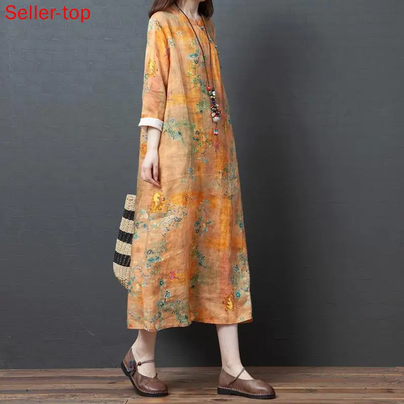 

Improved Loose Large Size Cotton Linen Art Female Cheongsam Chinese Button Printed Long-sleeved Drawstring A-line Dress of Women