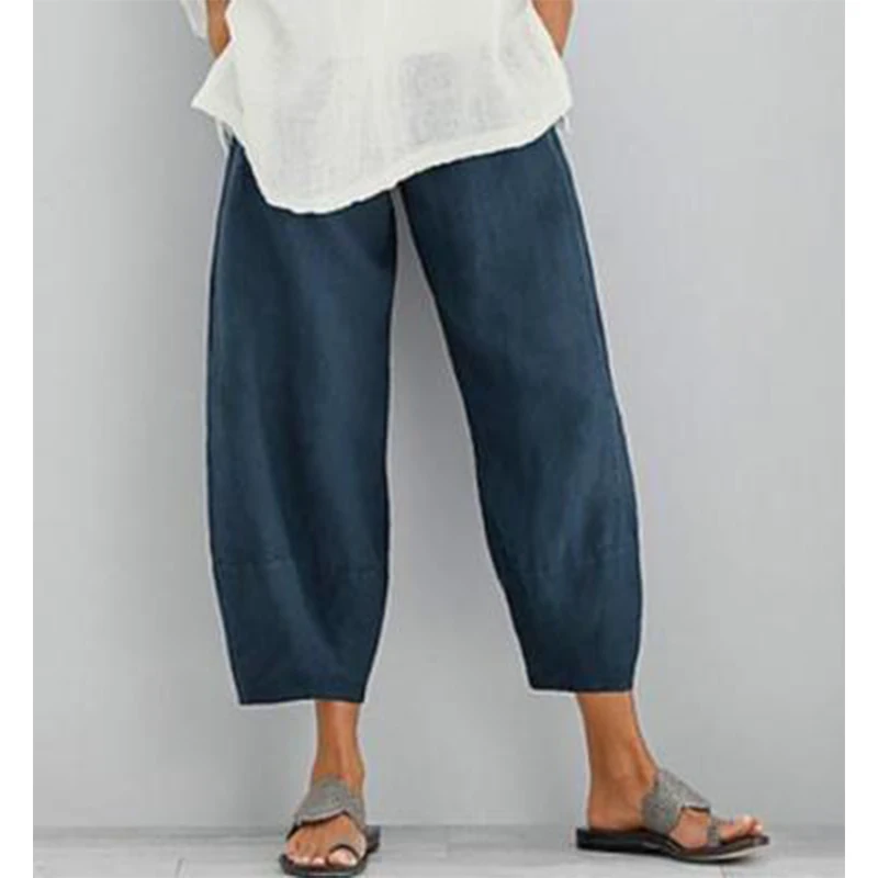 Kadınlar pamuk keten pantolon gevşek konfor elastik bel Harem pantolon Vintage katı Casual cepler geniş bacak pantolon kırpılmış pantolon