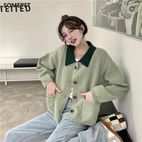 cardigans women panelled knitting pockets turn down collar korean style sweaters casual all match feminino tender cozy popular