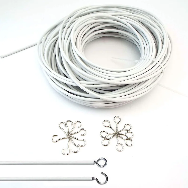 0.5m 1M 2m PVC Curtain Window Cord Cable Net track Wire White Windows wall hanging Line with HOOKS EYES For car Caravans Boats