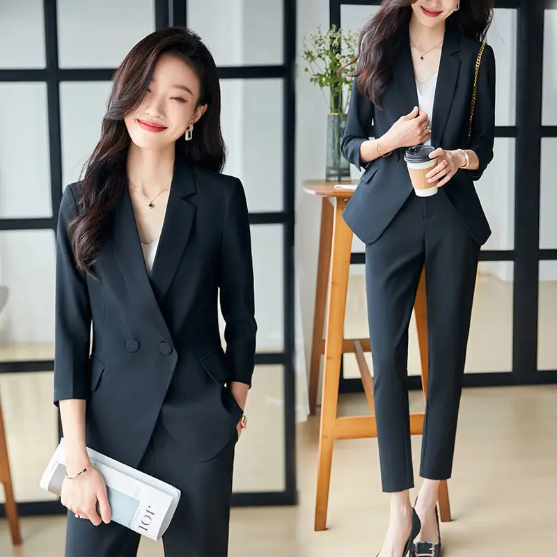 Spring Autumn Women Formal Long Sleeve Slim Blazer and Straight Trousers Female Office Ladies Work Wearsolid  Two Pieces Set Q63