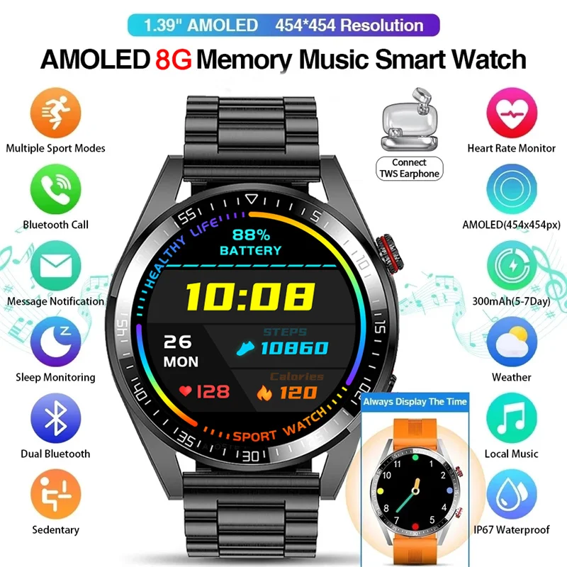 Новинка 2022, умные часы с памятью 8 ГБ, AMOLED 454*454, HD, всегда ...