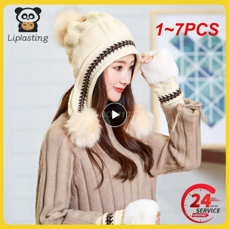 

1~7PCS Winter Baby Hat Knit Kids Beanie Big Hairball Warm Velvet Thicken Children's Hat Knitted For 2-7T Boys Baby