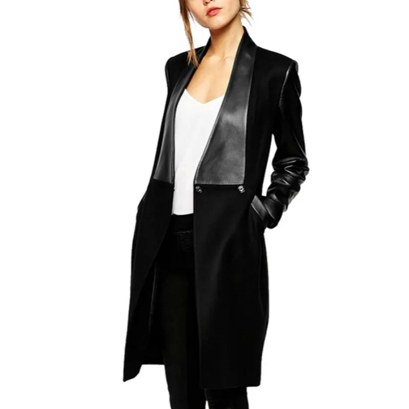 

Winter Jackets Coats Women Leather Patchwork Slim Long Sleeved Knitted Wool Coat Chaqueta Mujer Female Overcoat