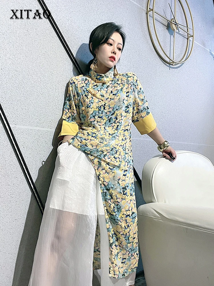 

XITAO Print Pattern Dress Patchwork Mesh Goddess Fan Casual Style Pullover 2022 Summer Minority Loose Elegant Dress WLD7650