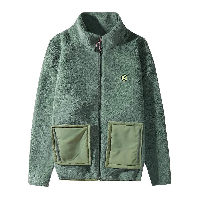 Autumn and winter color-blocking large pocket lamb wool jacket men's loose thickening all-match Men's winter jackets parkas