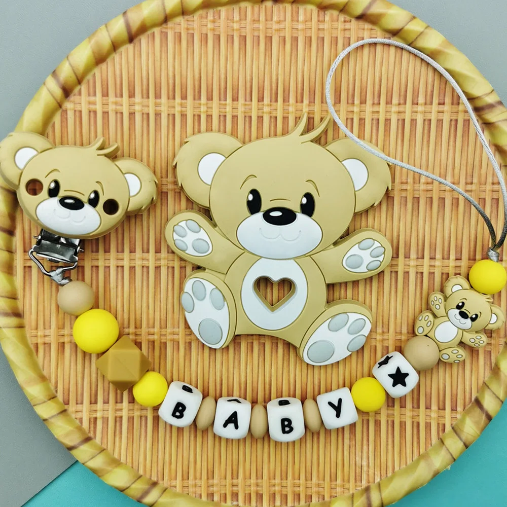 Custom English Russian Silicone Letter Name Baby Bear Silicone Beads Pendant Pacifier Clips Chains Teether Baby Kawaii Toy Gifts