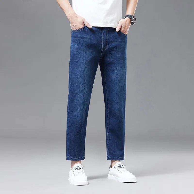 Летние мужские джинсы укороченные брюки облегающие прямые повседневные