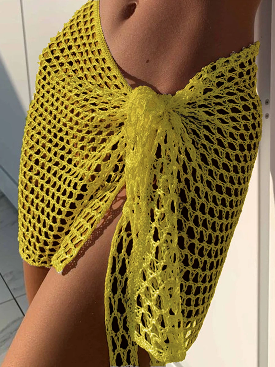 Женская пляжная юбка накидка полая однотонная летняя мини-вязаная для отдыха на