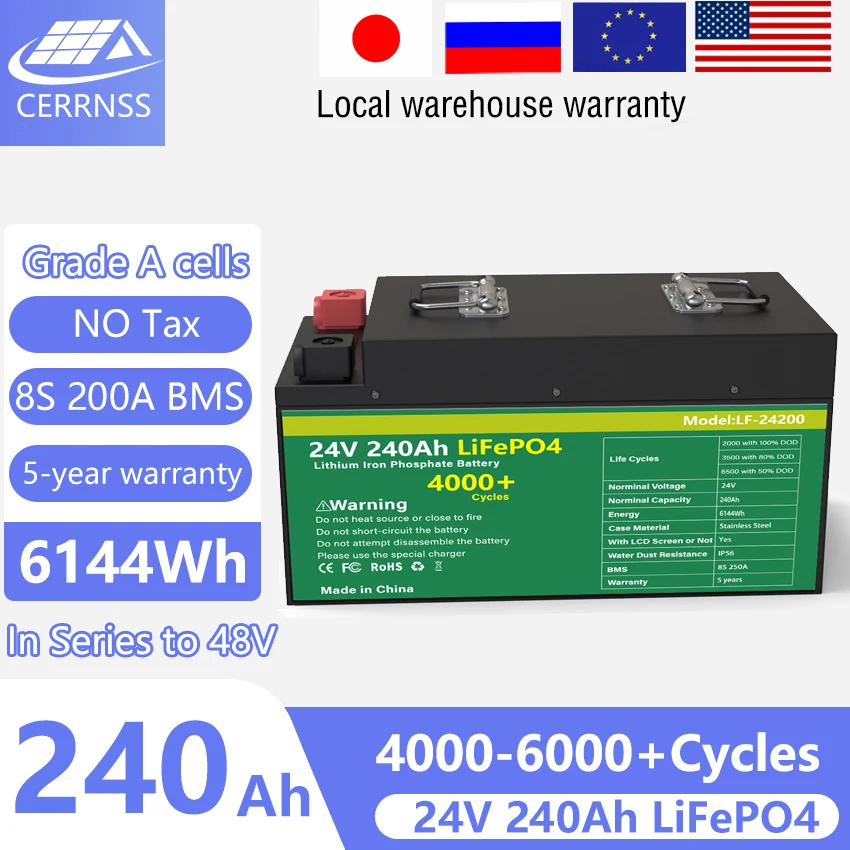 

24V 240Ah LiFePO4 Battery Pack 6144Wh With 200A BMS Grade A Cell Iron Lithium For RV Car Boat Off-Grid Solar No Customs Cost