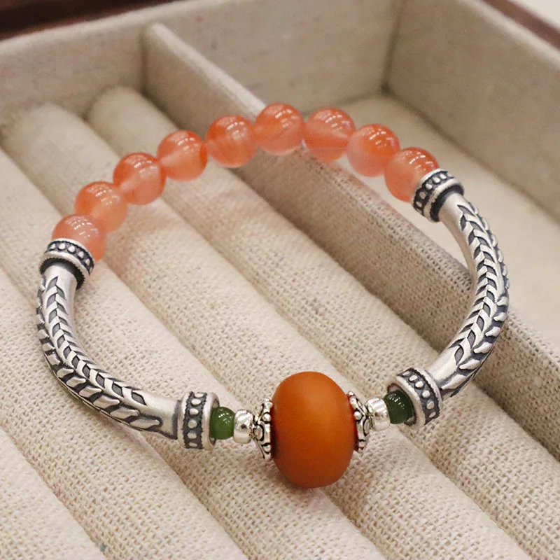 

New Chinese style natural wind restoring ancient ways south red silver lap bracelets grain old wax pendant jewelry bracelet