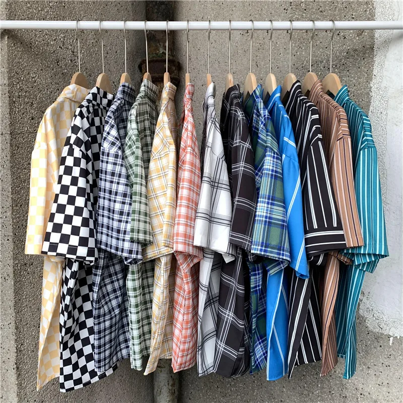 

EBAIHUI Plaid Blouses Shirts Loose Summer Top Short Sleeve Blouse Harajuku Streetwear Students Vintage Retro Women Shirt New