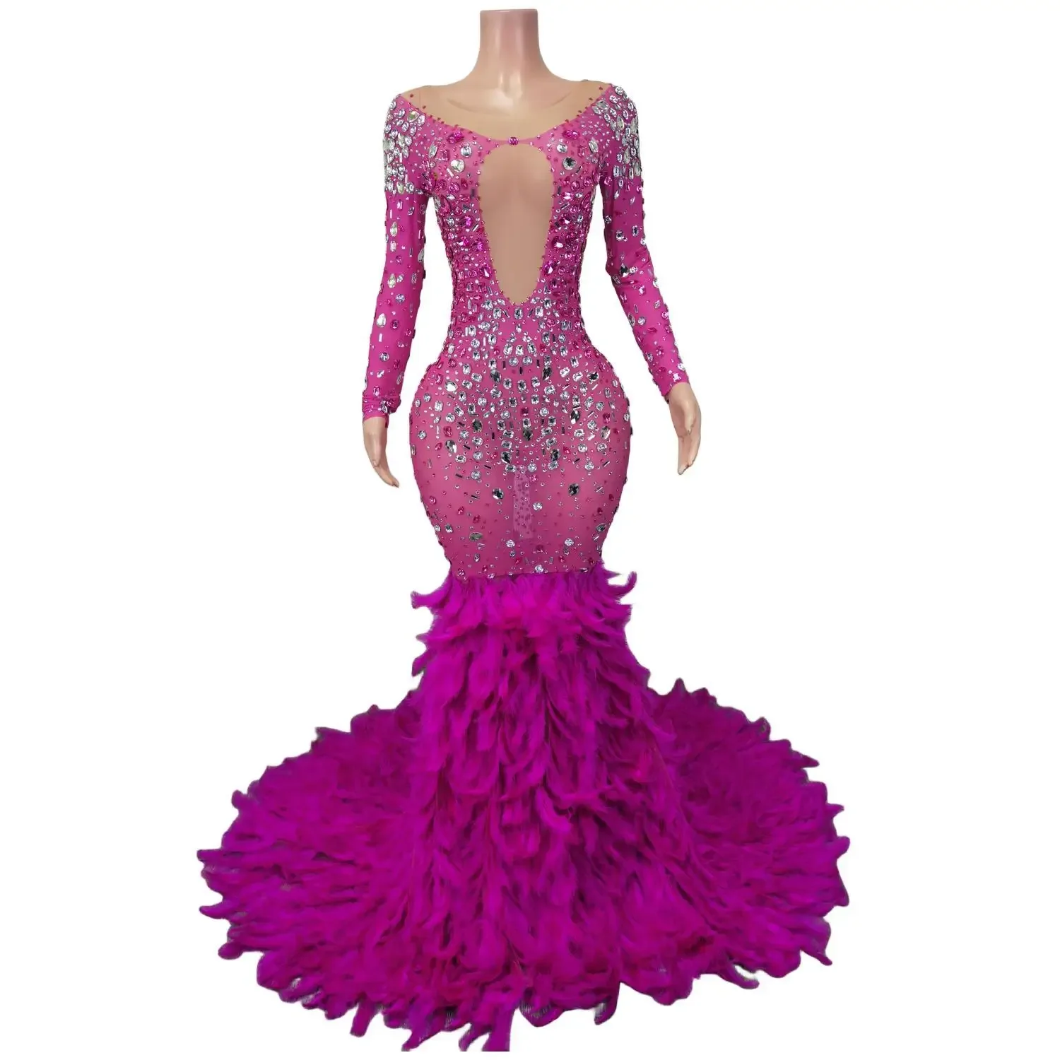 Длинные женские сексуальные роскошные платья с бриллиантами и перьями черные