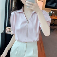 summer thin chiffon office lady shirts for women clothing korean fashion 2022 new design short sleeve v neck casual blouses