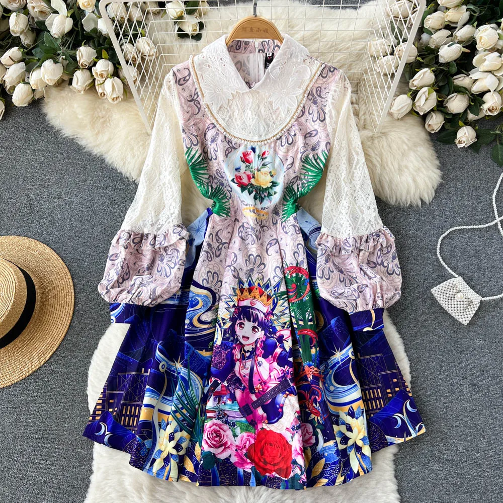 

Fashion Runway Women Lace Splicing Embroidery Mini Dresses Female Elegant Peter Pan Collar Lantern Sleeve A-Line Party Vestidos