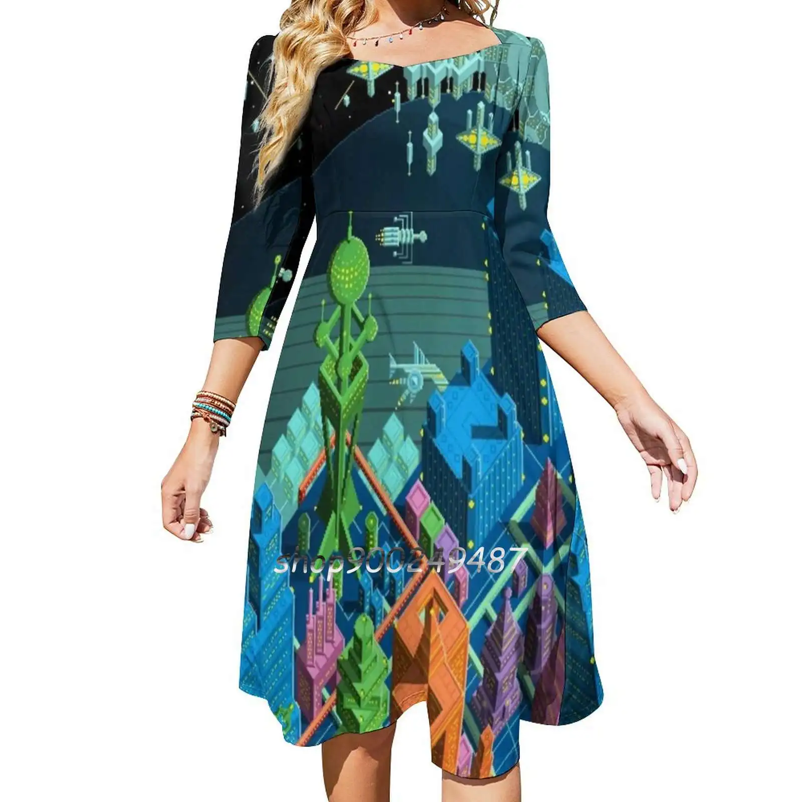 

Pulse City Flare Dress Square Neck Dress Elegant Female Fashion Printed Dress Pixel Art Pixelart Space Slynyrd Raymond Schlitter