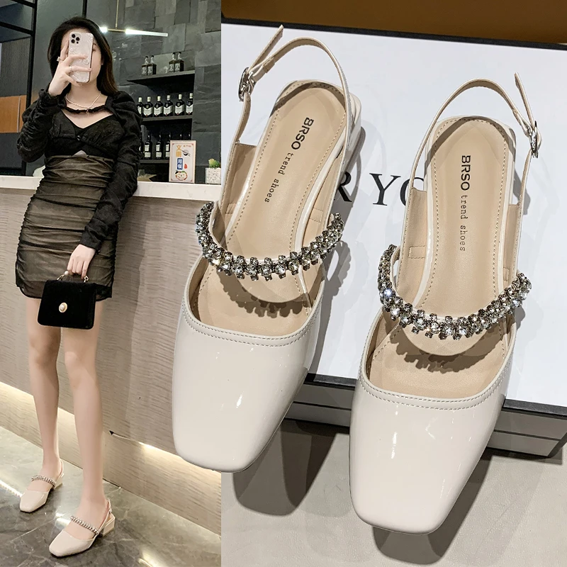 2022 Summer Luxury Sparkling Rhinestone Square Toe Sandals women Mid Heel Square Toe  Mules Ladies Mary Jane Shoes Black Silver