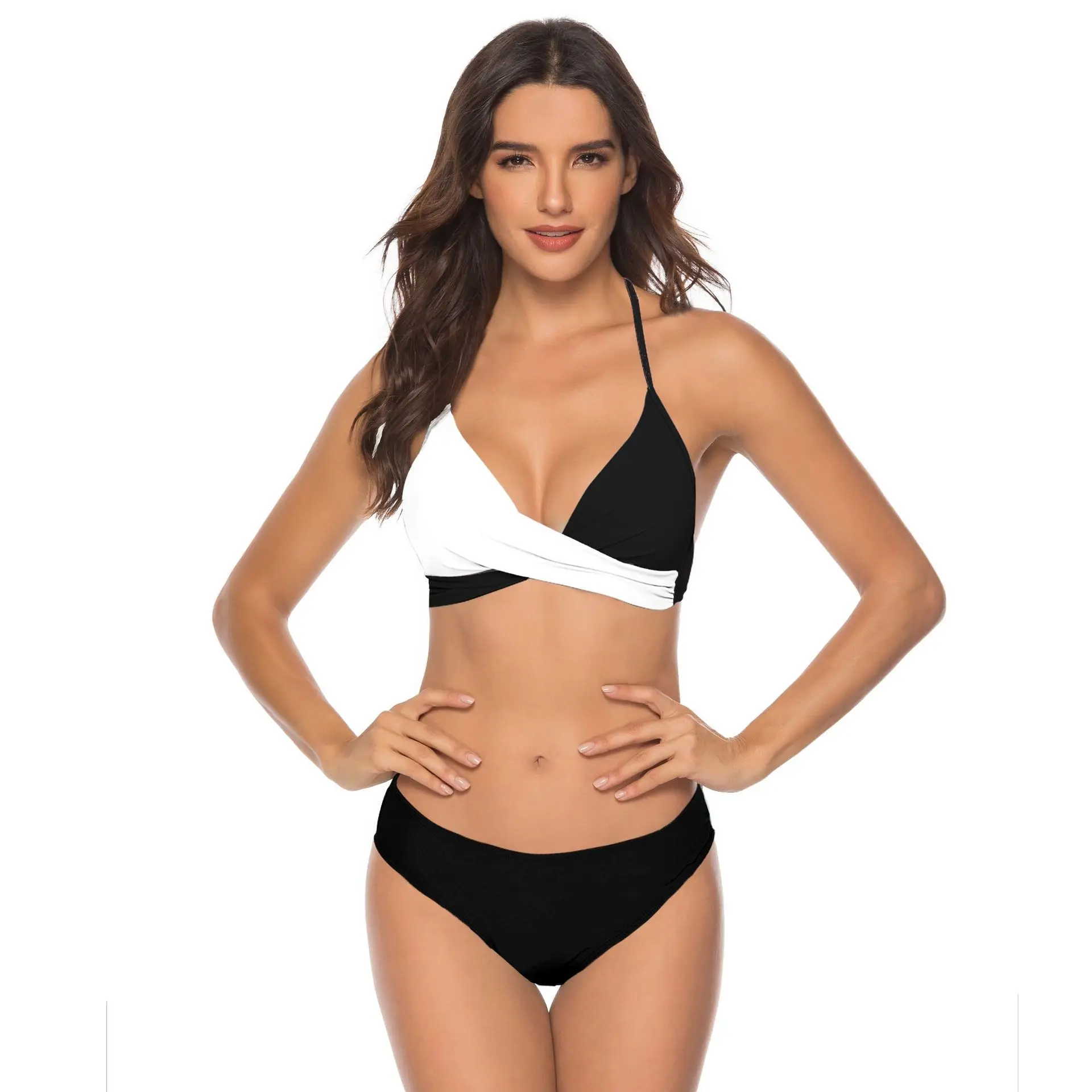 

Summer 2 Pcs Women Bikini Set Swimwear Adults Tie-up Padded Contrast Color Halter Bra + Briefs Swimsuit