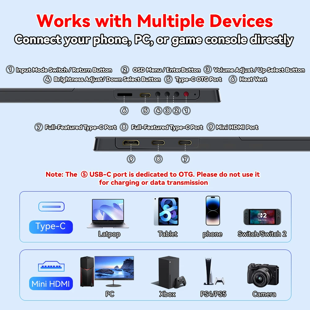 Фото Портативный монитор HAILESI S123 12,3 дюйма для Switch/Switch 2, сенсорный мини-монитор для путешествий, 1980*1280 №5