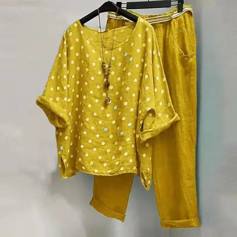Two Piece Sets Womens Outifits Blouse Pant Dot Print Half Sleeve O-Neck Loose Spring Summer Raglan Sleeve T-shirt Capri Trousers