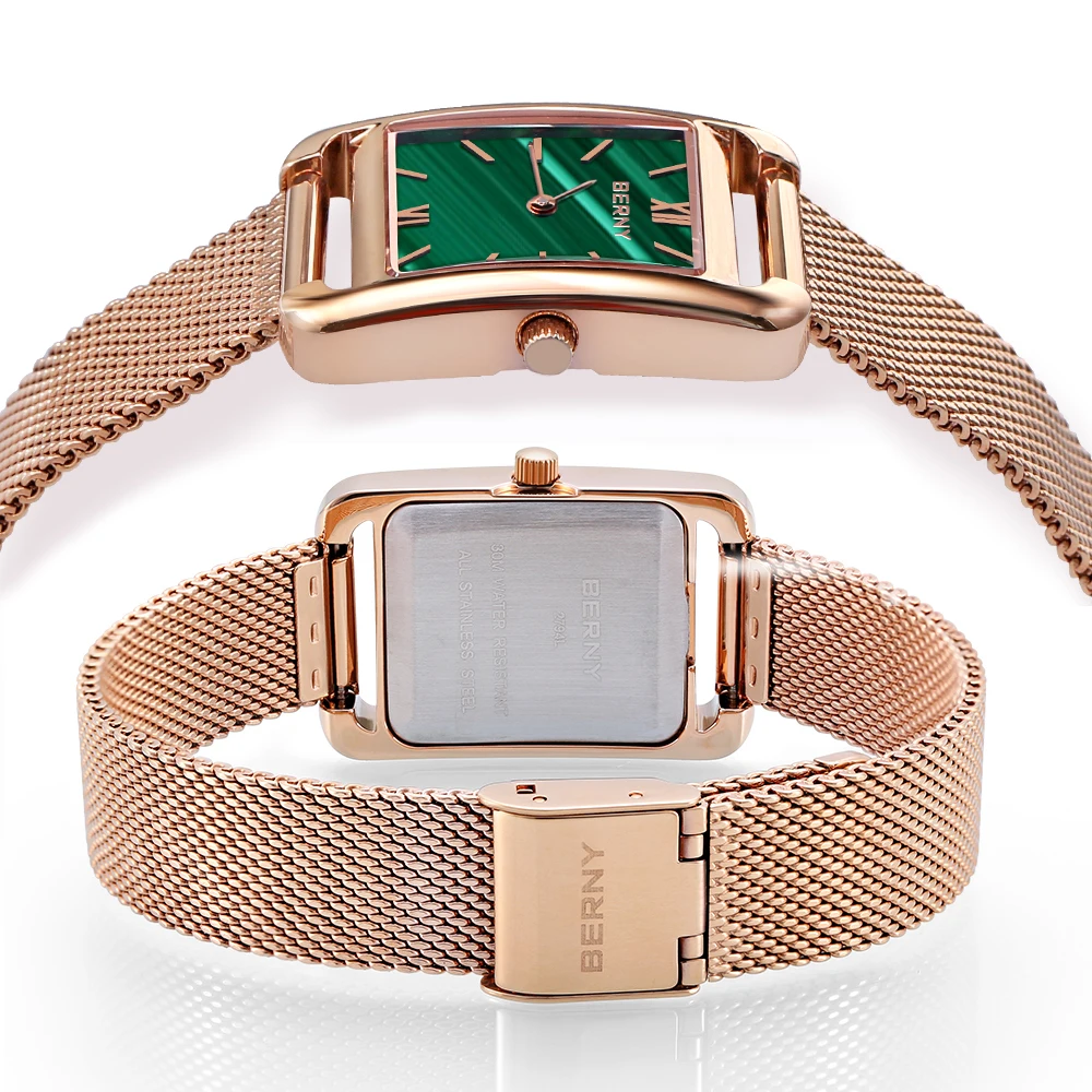 BERNY Miyota Green Women Watch Square Sapphire Ladies Quartz watch Waterpoof Stainless Steel Bracelet Rose Gold Watch For Women