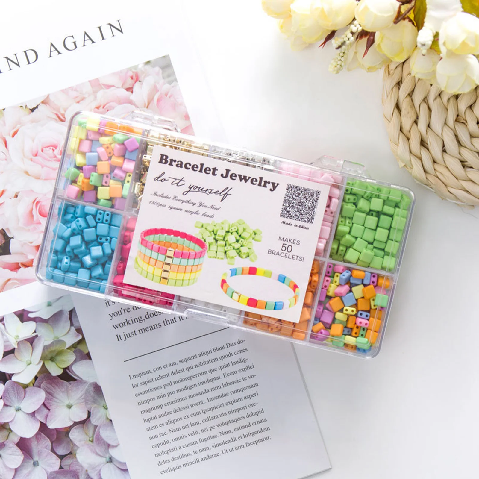 

2 Holes Acrylic Loose Beads Children Kids Jewelry Kit Set Multicolor Square DIY Making Bracelets Jewelry Gifts,1Set(1500PCs/Box)