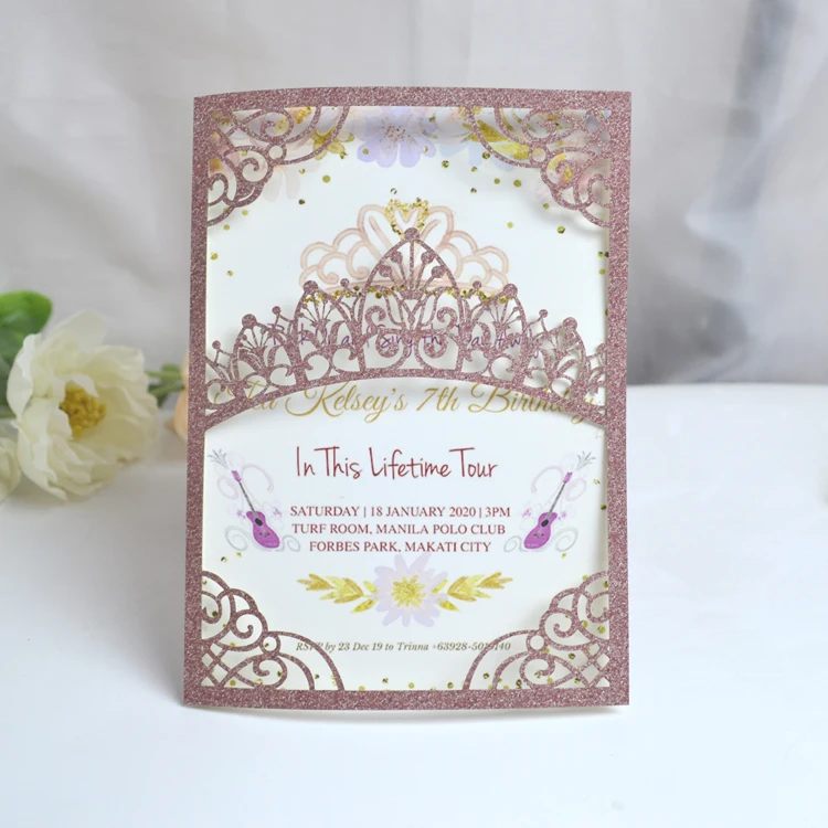 

Cinderella Wedding Decorations Laser Cut Crown Glitter Quinceanera Invitation Card