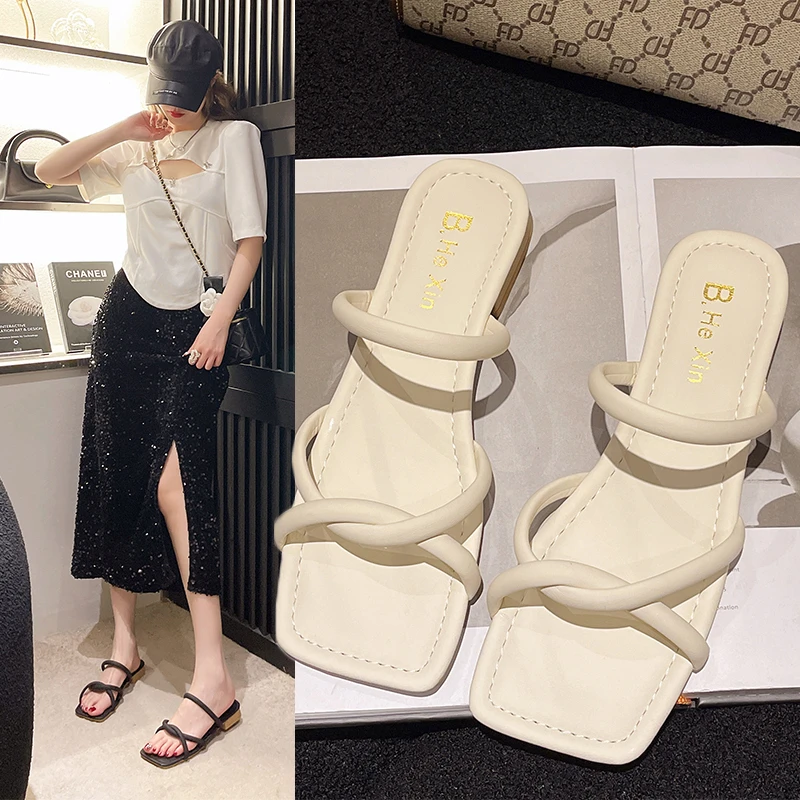 

Шлепанцы женские для отдыха, сланцы, квадратный низкий каблук, однотонные Симпатичные летние тапочки, женские мюли