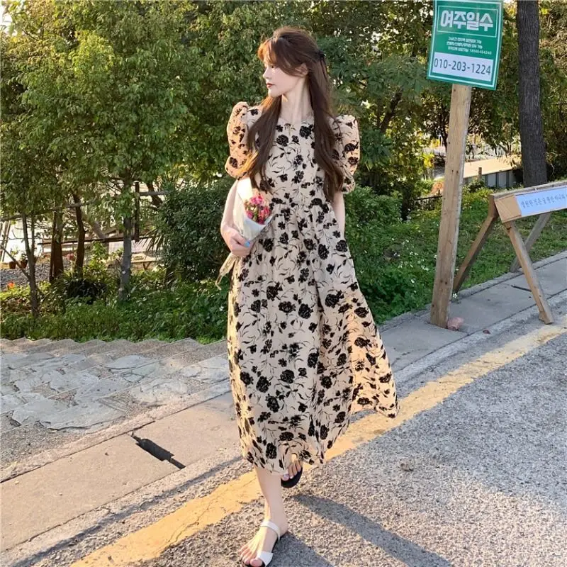 

Женское шифоновое платье-миди с пышными рукавами, повседневное длинное винтажное платье в Корейском стиле, пляжная одежда, 2022