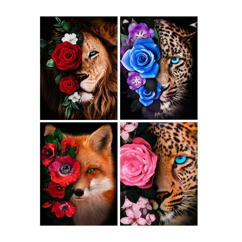 Full Square Round Fox Lion Diamond Painting Leopard 5D Embroidery Animal face Mosaic Rose Flower Pictures Of Rhinestone Wall Art
