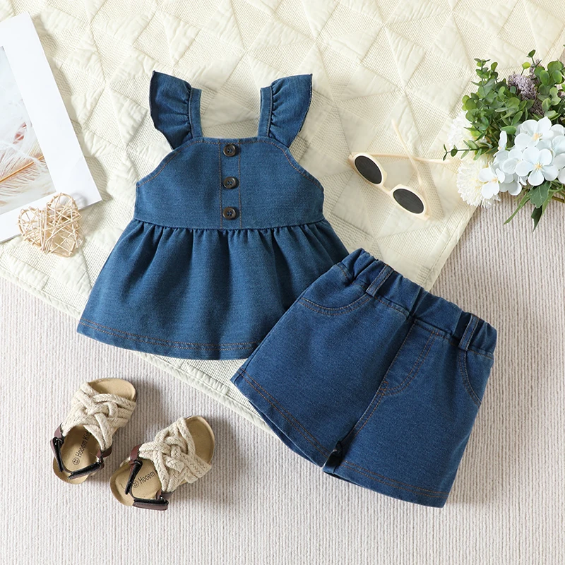 

Baby Girls Summer Outfit Solid Color Fly Sleeve Square Neck Buttons Denim Dress Tops Elastic Waist Shorts 2Pcs Set 0-24Months