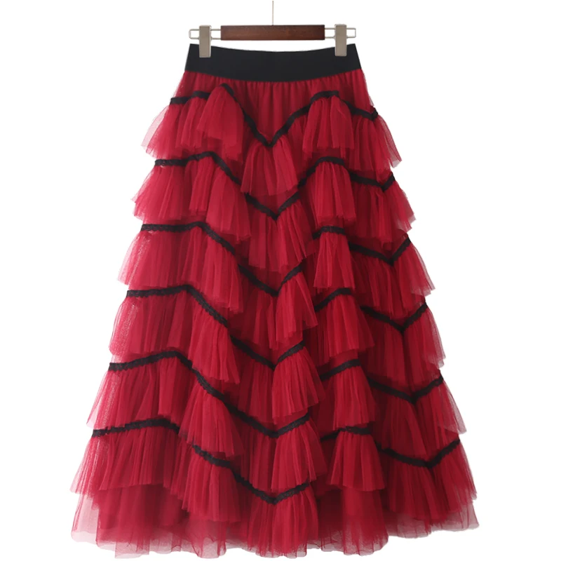 

Women's 2022 New Spring and Summer Sweet Cake Layered Long Mesh Skirt Princess High Waist Ruffle Tulle Party Pleated Ins Skirt