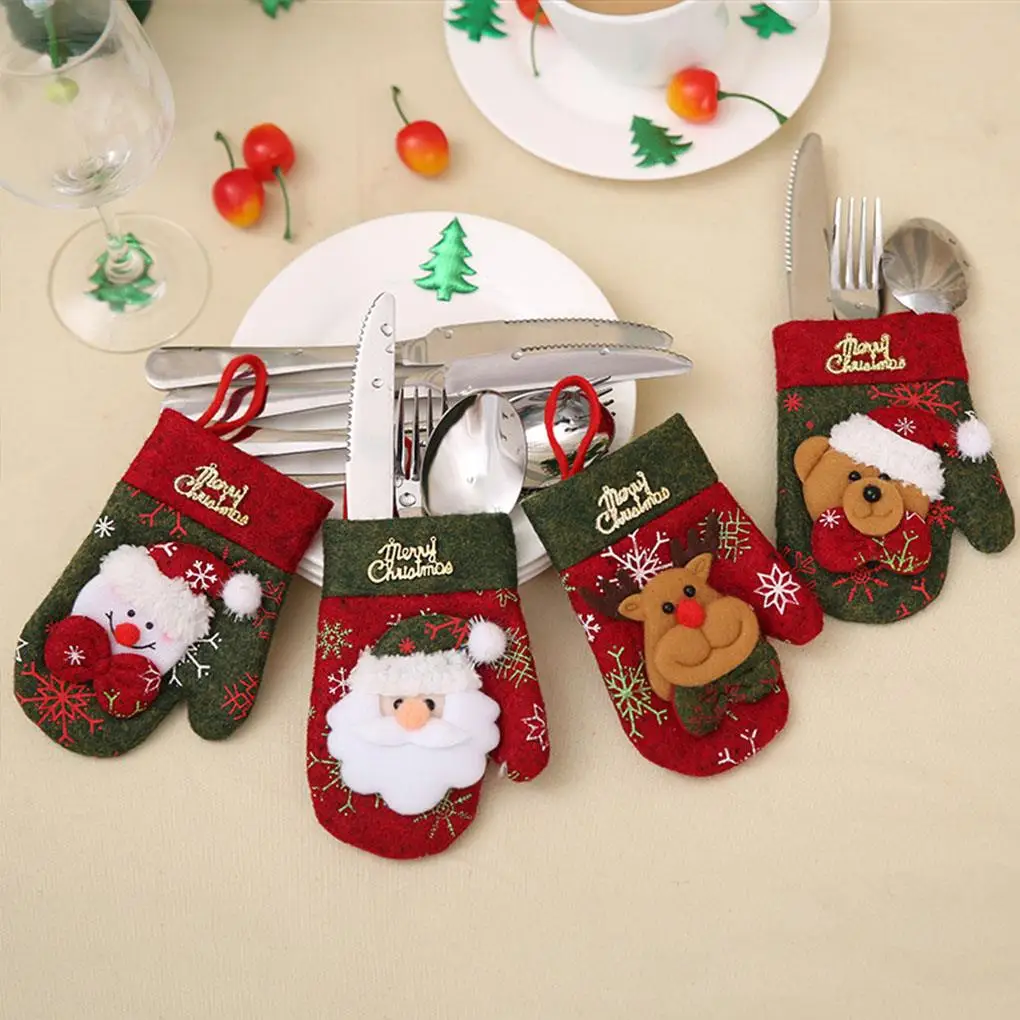 

Christmas Glove-Shaped Cutlery Set Dark Green Reindeer Santa Claus Snowman Home Party Table Knife And Fork Decoration Supplies