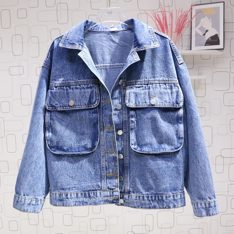 

Vintage Big Pocket Blue Short Denim Jacket Loose Lapel Long Sleeve Women Cowboy Outwear Spring Casual Female Jeans Basic Coat