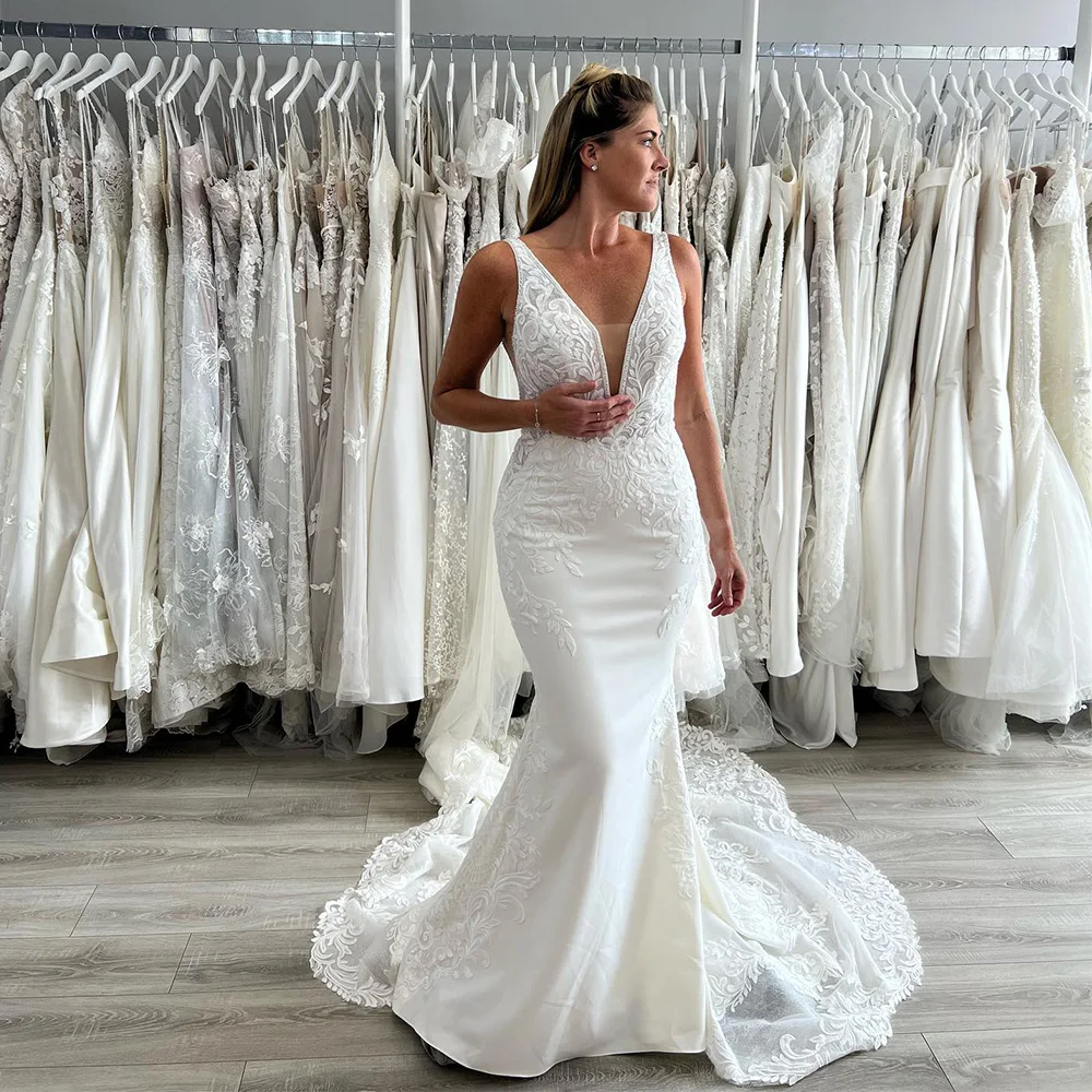 

Vintage Wedding Dress For Women 2022 Sleeveless V-Neck Backless Bohemian Bridal Gowns Lace Appliques Mermaid Vestido De Novia