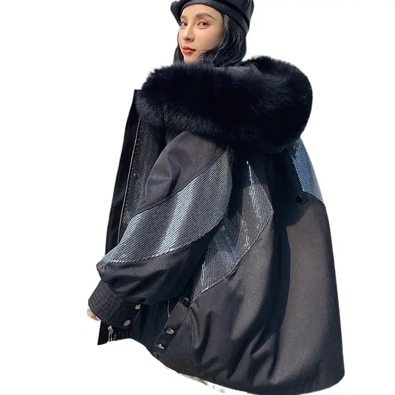 Enlarge Women Fox Fur Parka Jacket Natural Thicker Fur Causal Hooded Coat And Rabbit Fur Lining Warmth Coat Winter