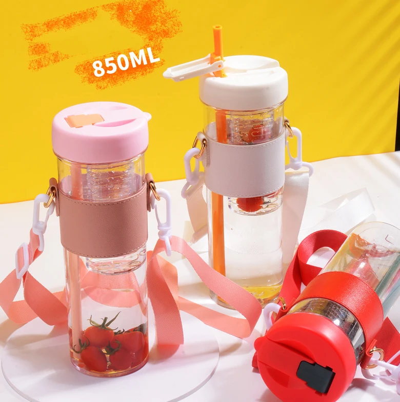 

New Dry And Wet Separation Water Cup Lemon Filter Student Plastic Cup With Straw Outdoor Sports Water Bottle