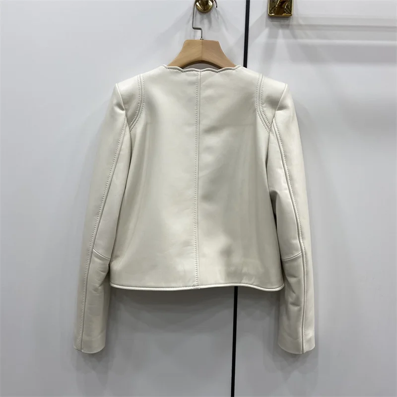 2022 New Real Sheepskin Leather Coats Female Women's Fashion Genuine Leather Motorcycle Jackets V Collar Outerwear With Belt