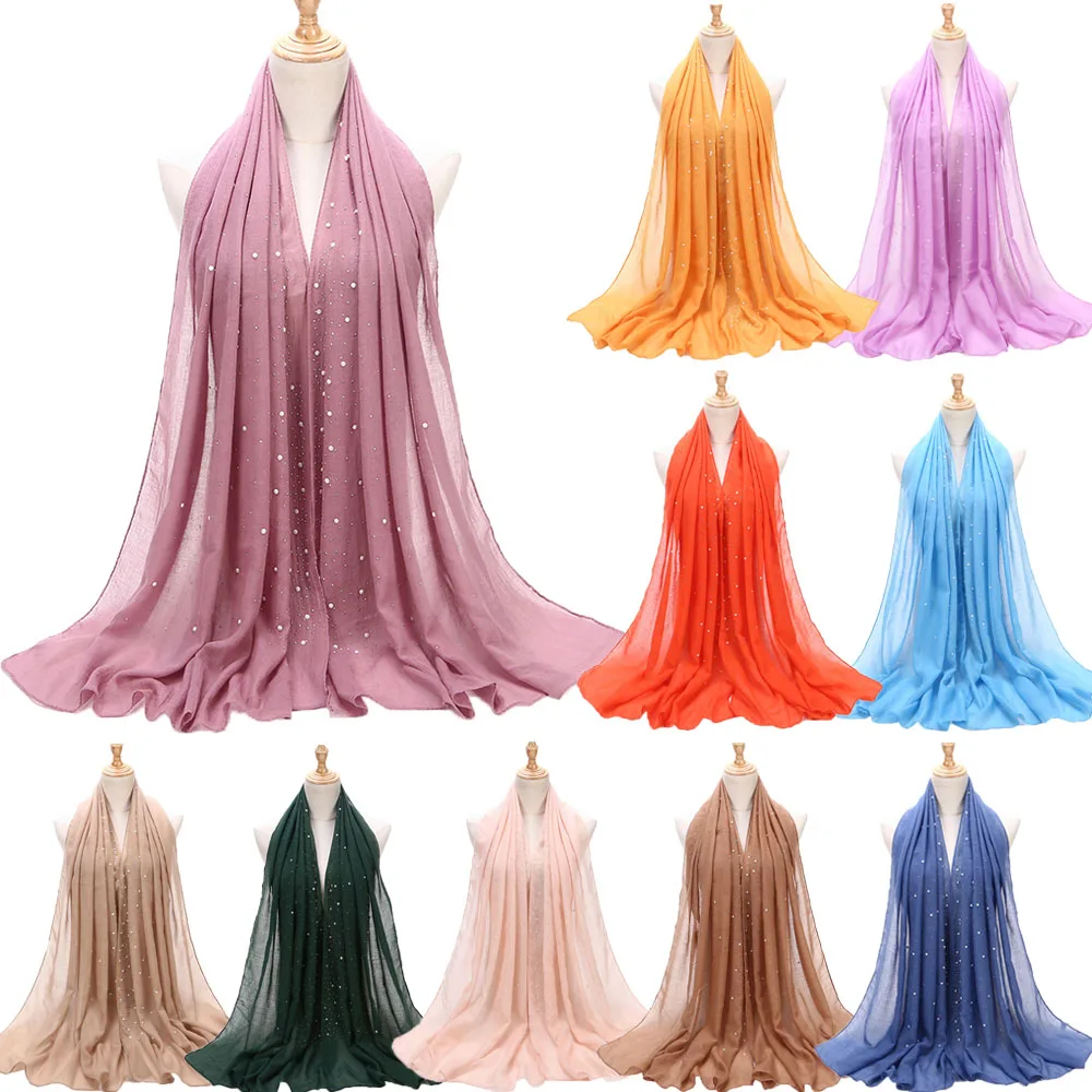 

2022 Popural Muslim Bubble Cotton Pearls Scarf Women Hijab Solid Plain Headscarves Shawl Wrap Malaysia Foulard Bandana 22 Colors