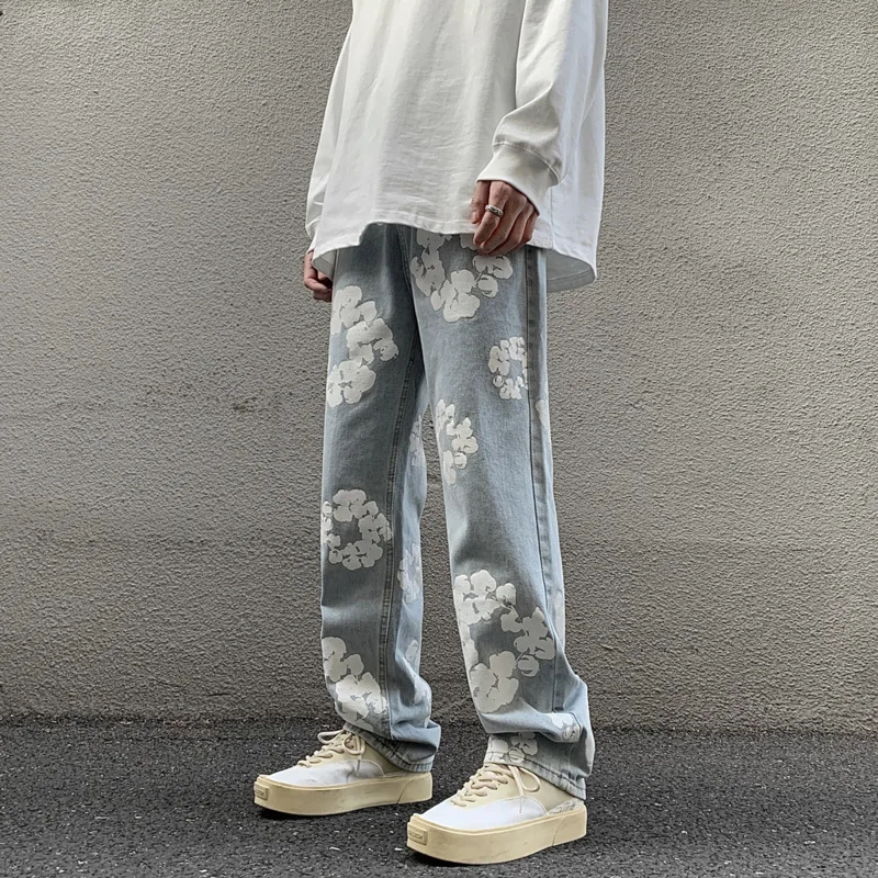 Blue Flower Jeans Men Fashion Casual Print Baggy Jeans Men Streetwear Hip-hop Loose Straight Denim Pants Mens Trousers M-3XL