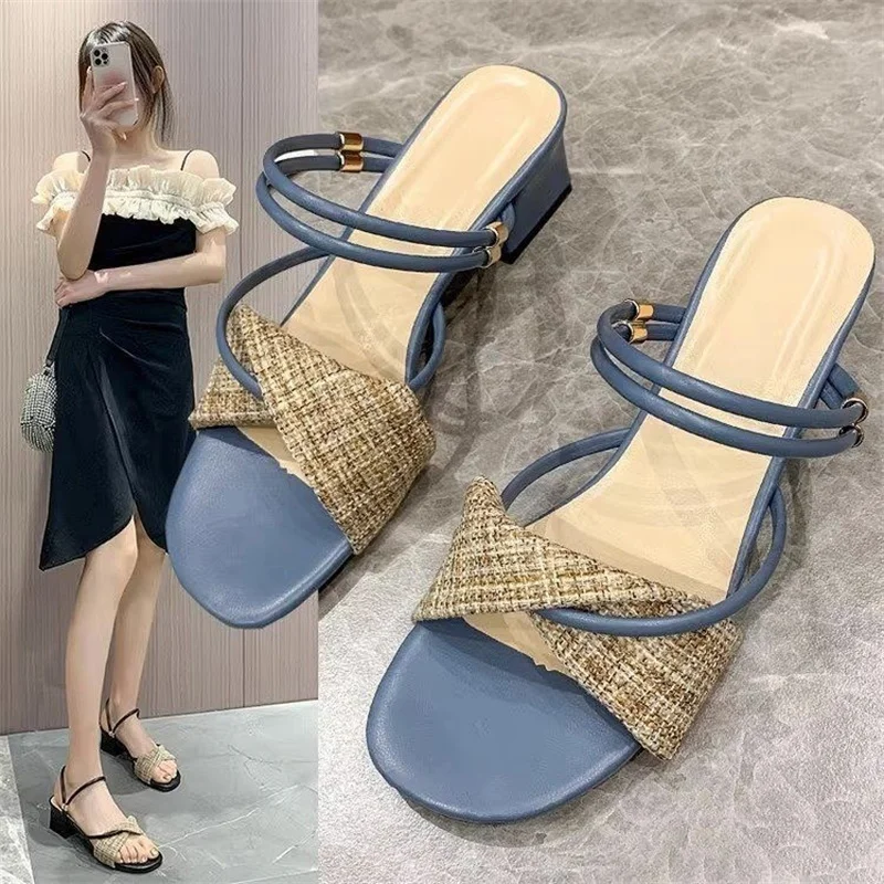 2023 New Elegant High Heels Sandals Women Summer Shoes Women Fashion Threading Methods Casual Sandals Square Heel Female Shoes