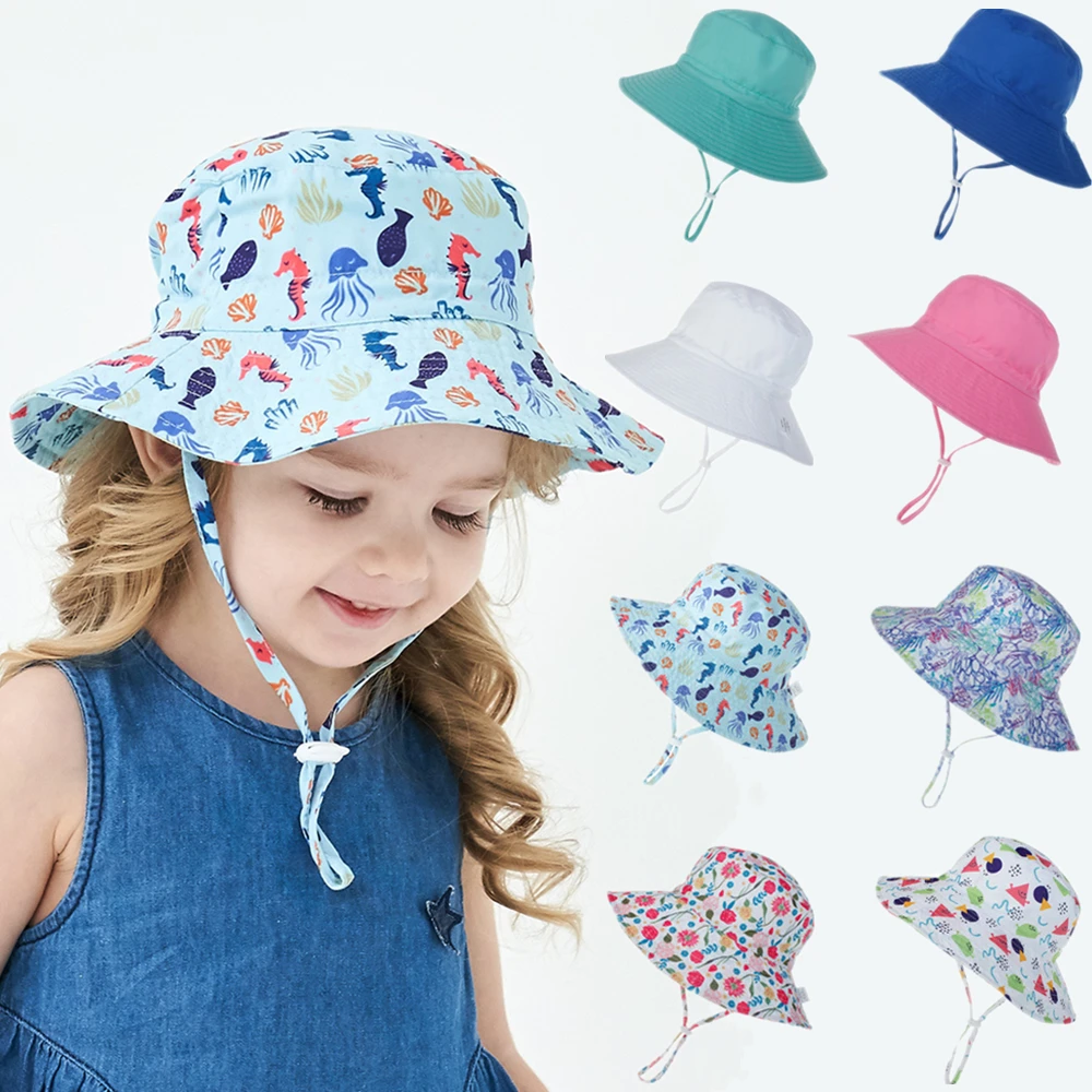 

Summer UV Protection Baby Sun Hat Boys Cap Kids Panama Beach Girls Bucket Hats Outdoor Cartoon Infant Bucket Caps UPF50+