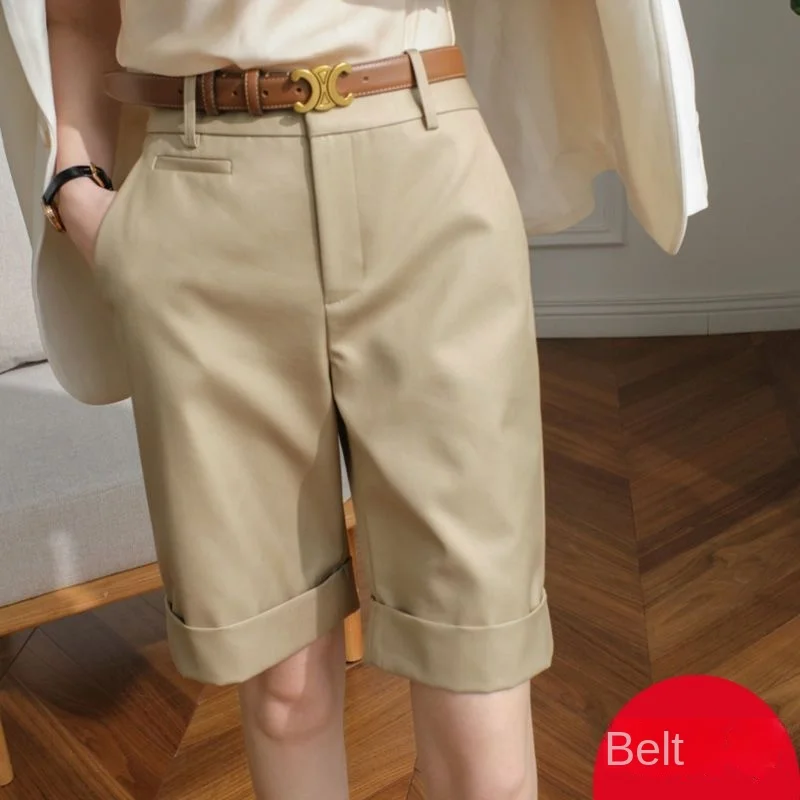 

Women's Summer Shorts High Waist Knee Length Straight Pants with Belt Office Khaki White Black Casual Short Pants Women Fashion
