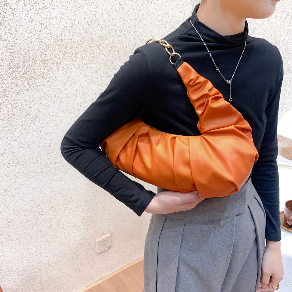 

Elegant Women Cloud Bag Soft PU Leather Shoulder Bag Female Crescent Underarm Bags Solid Color Dumpling Bag Pleated Party Clutch