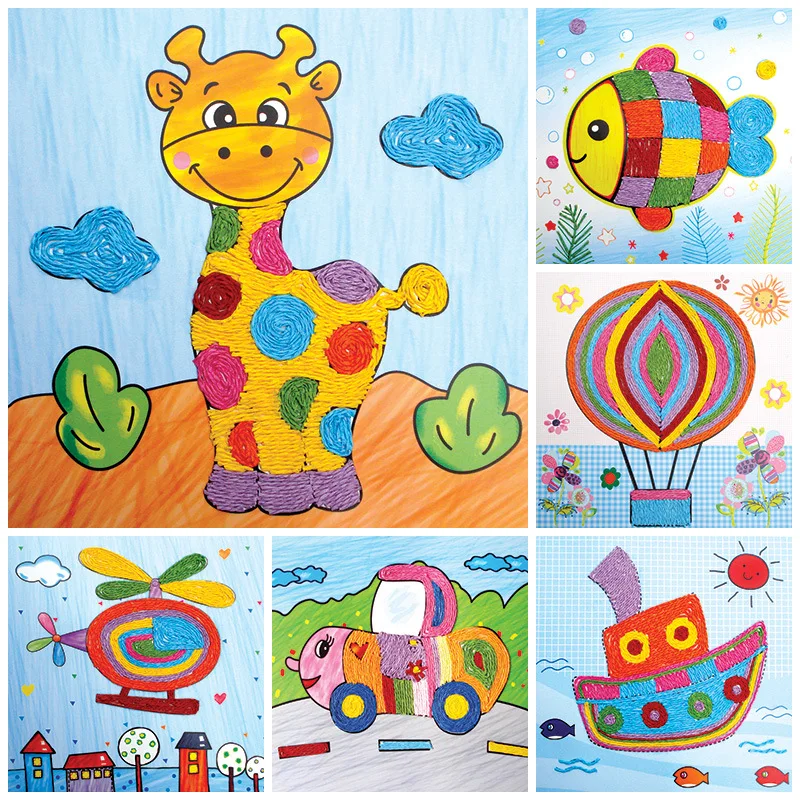 

DIY Paper Rope Drawing Handwork Toys for Kids Children Cute Cartoon String Painting Paste Sticker Patience practice Art Crafts