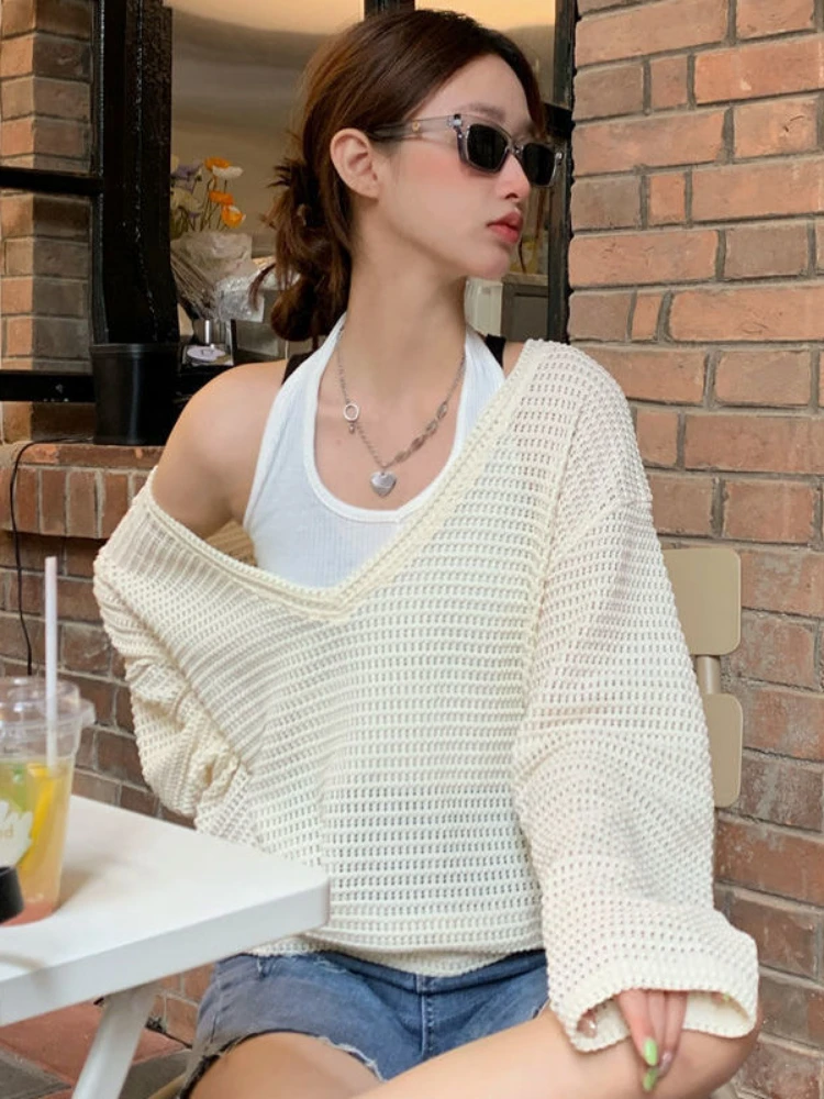 

Loose V-neck Knitted T Shirts Women Casual Hollowed Out Pullover Harajuku Long Sleeve Sweater Tee Tops Women's Korean Clothing