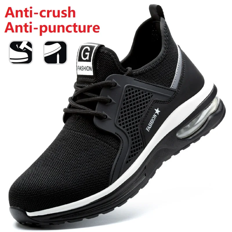 

Black Safety Shoes Men Air Cushion Work Shoes Male Puncture-Proof Shoes Steel Toe Indestructible Footwear Light Work Sneakers