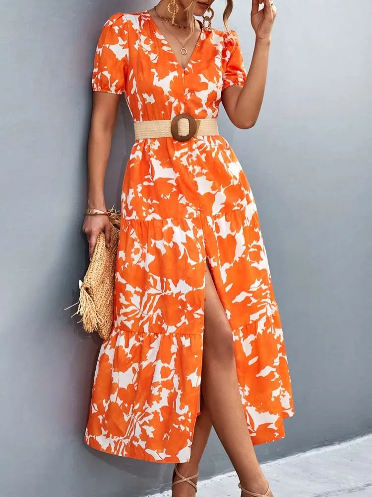 

2023 Summer Floral Dress Women Button V Neck Beach Flower Boho Dress Party Long Maxi Dresses for Women